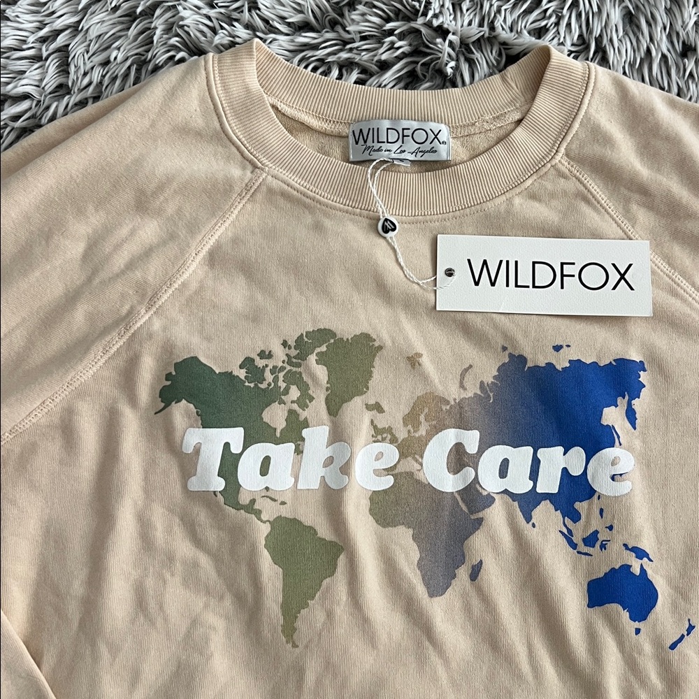 Wildfox Beige 'Take Care' World Map Crewneck